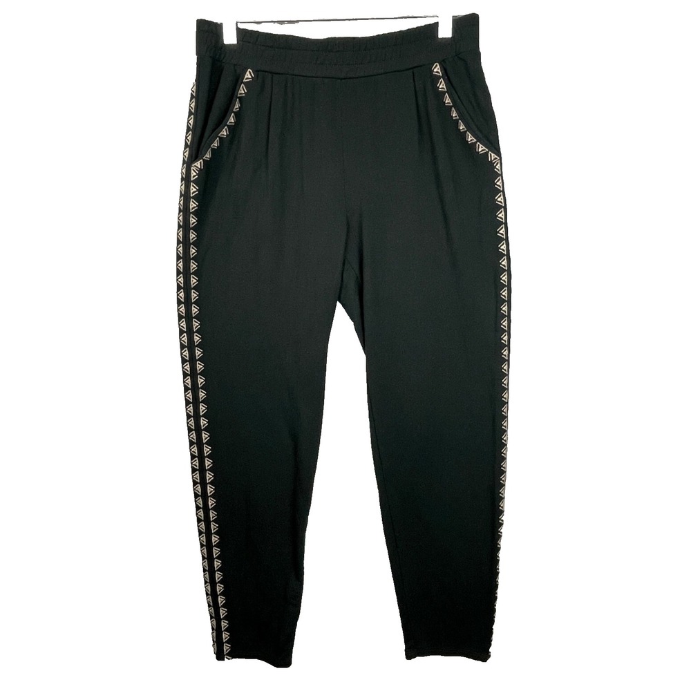Garnet Hill Pants Womens XS Black Embroidered Tribal Sides Pull On Comfort